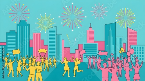 Flat vector illustration of city skyline with colorful fireworks and people celebrating Eid