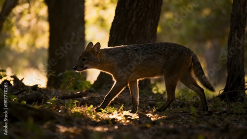 A coyote walks through a forest with dappled sunlight filtering through trees, casting shadows on the ground.