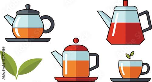 Herbal tea and glass teapot icons set, colorful vector illustrations with brewing tea in pots, ceramic teacup with green leaves and saucers isolated on white background.