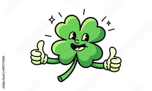 A cheerful cartoon four-leaf clover giving two thumbs up, radiating good luck and happiness.