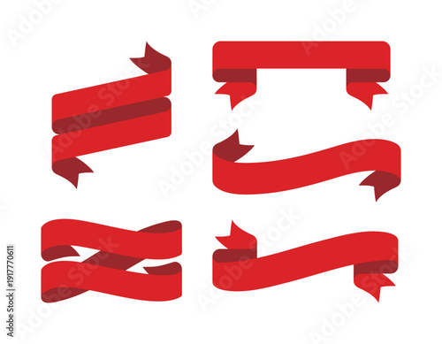 Set of red ribbon banners in various curved and wavy shapes. Modern flat vector elements for headings, titles, and marketing promotions, perfect for isolated designs on white background.