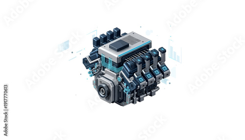 Futuristic Engine with Cybernetic Components and Neon Blue Accents.