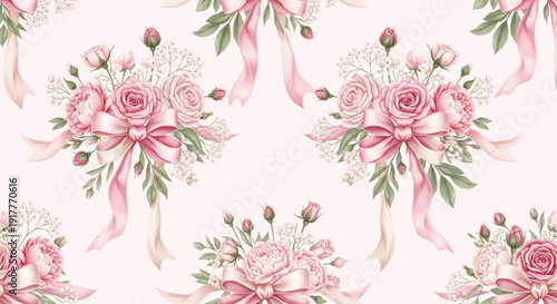 Pink roses bouquet with ribbons and leaves on white background floral pattern for wedding or gift wrapping elegant flowers arrangement