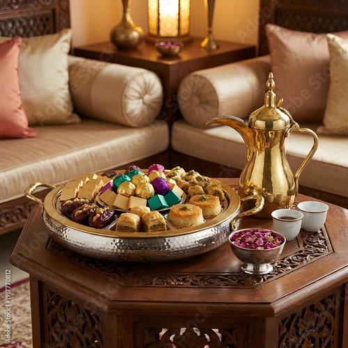 Luxurious hospitality tray with premium wrapped chocolates and Arabic coffee pot for Eid guests