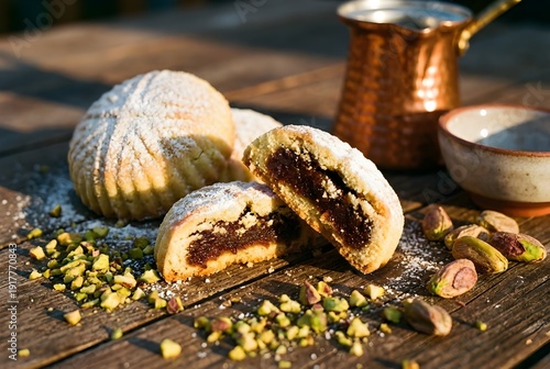Close-up of date-filled Maamoul pastries broken in half to show filling with pistachios