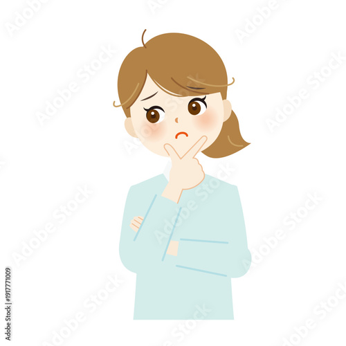 あごに手を当てて悩む女性のイラスト　困り顔・不安・思案