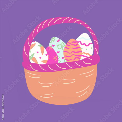Pastel Easter Basket Filled with Decorated Eggs Carrot Patterns Hearts Stripes on Purple Background Cute Illustration