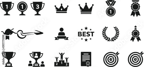 Black vector icon set of achievement awards including gold trophies first place medals winners podium laurel wreath and target symbols for success and competition branding