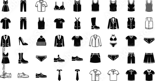 Black vector icon set of diverse clothing and fashion accessories including shirts dresses suits shoes hats and underwear for retail apparel and boutique branding