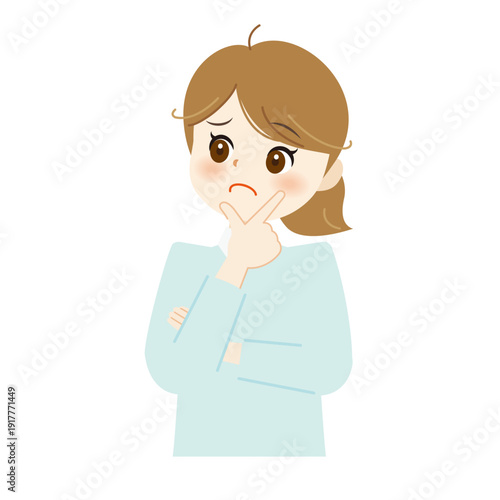 あごに手を当てて悩む女性のイラスト　困り顔・不安・思案