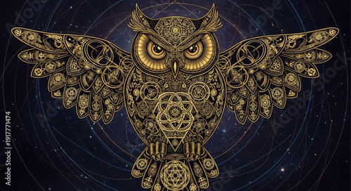 Intricate Golden Owl Illustration with Celestial Background.