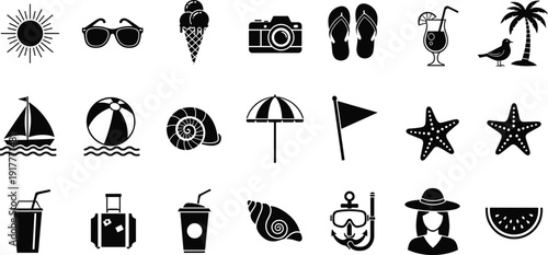 Black vector icon set of summer vacation symbols including sun sunglasses ice cream camera flip flops cocktail palm tree boat and beach travel branding