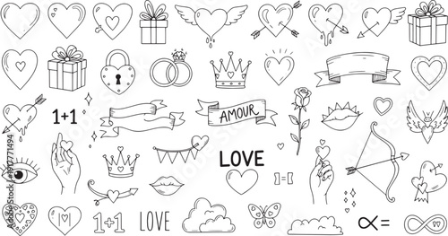 Playful Hand-Drawn Love Doodles Grid Showcasing Hearts, Lips, Cupid, Bow and Arrow in a Minimalist White Illustration