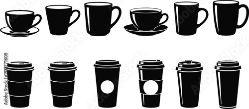 Black vector silhouette and icon set of diverse coffee mugs tea cups and disposable paper cups with lids for cafe bistro restaurant branding and morning beverage shop