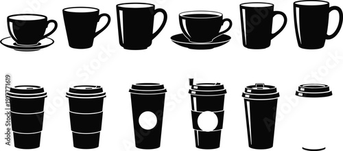 Black vector silhouette and icon set of diverse coffee mugs tea cups and disposable paper cups with lids for cafe bistro restaurant branding and morning beverage shop