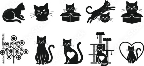 Black vector silhouette and icon set of diverse domestic cats featuring sitting jumping kittens in boxes cat trees and heart shapes for pet branding