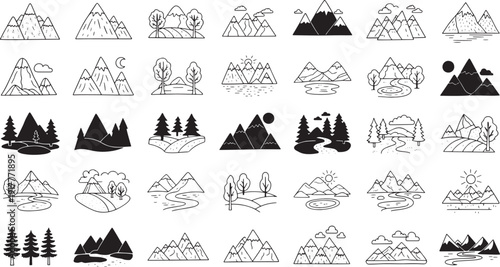 Viewing a curated collection of minimalist black-and-white nature illustrations arranged in a six-by-six grid of mountain and tree icons