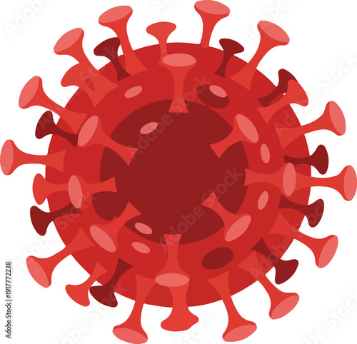A 3d rendering of a coronavirus particle with a red color scheme against a white background.