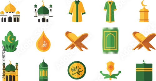 A collection of islamic icons and symbols in green and gold.