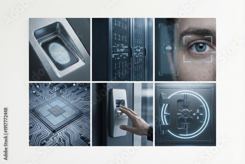 Advanced biometric security systems, showcasing fingerprint scanners, facial recognition technology, and smart safes with intricate circuit patterns illuminating security breakthroughs