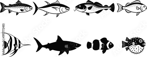 Black vector silhouette set of diverse fish species including shark tuna salmon trout clownfish and pufferfish for seafood restaurant aquarium and ocean nature branding