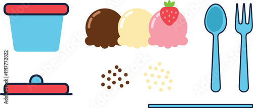 Ice cream scoops and frozen dessert accessories set, colorful vector illustrations with chocolate, vanilla and strawberry scoops, cups, and utensils isolated on white background.