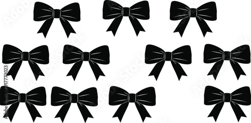 Black vector silhouette set of elegant gift bows for holiday celebration Christmas decoration birthday party wedding invitation greeting card and luxury presents branding