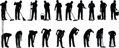 Black vector silhouette set of professional cleaners janitors and maintenance workers sweeping mopping and cleaning for commercial service sanitation and industrial housekeeping branding