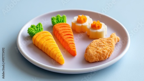 dysphagia diet, 3d printed food, senior nutrition, texture modified concept, a plate with pureed food printed into recognizable carrot and chicken shapes