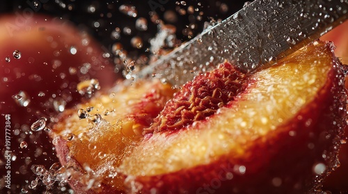 Fresh Peach Slice with Water Splash and Knife Close-Up Photography