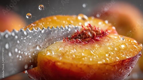 Close-Up of Fresh Peach Being Sliced with Water Droplets
