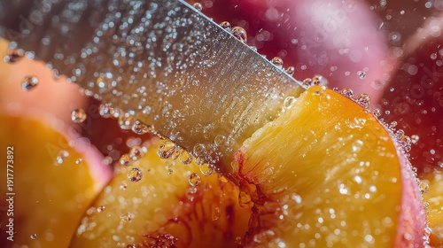 Freshly Sliced Peach with Water Droplets and Knife in Focus
