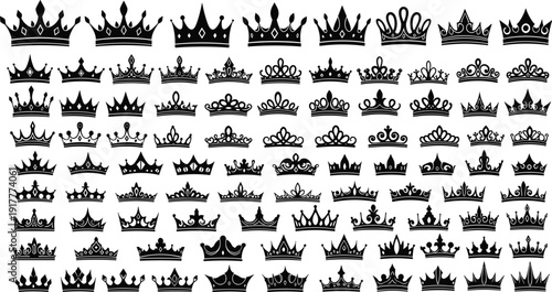 Large black vector silhouette set of diverse royal crowns tiaras and diadem icons for king queen princess branding jewelry design and luxury heraldic logo symbols