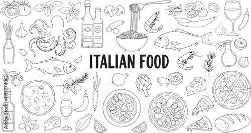 Black-and-White Italian Food Illustration Collage Showcasing Diverse Dishes, Ingredients, and Utensils from Kitchen Perspective