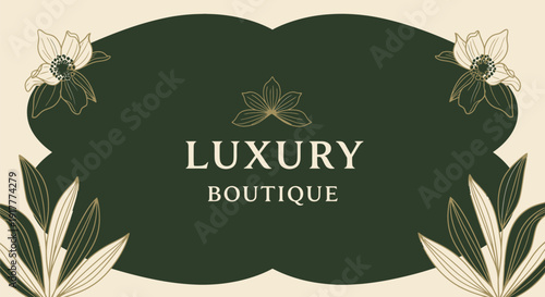 Luxury Boutique Logo with Elegant Floral Design and Dark Green Background.