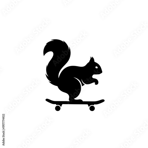 A black silhouette of a squirrel riding a skateboard, viewed from the side, in a simple graphic illustration style.