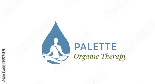 Meditating person inside a water drop logo for organic therapy.