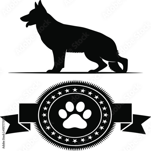 Detailed black silhouette of a standing German Shepherd dog paired with a circular service badge featuring a paw print and decorative stars.
