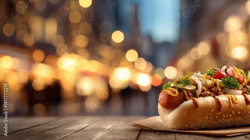 Delicious Gourmet Hot Dog with Toppings on a Wooden Table