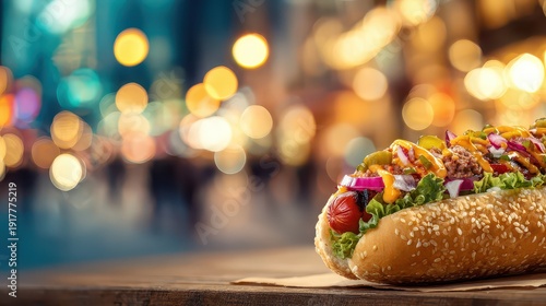 Colorful Gourmet Hot Dog with Toppings on Wooden Table at Night