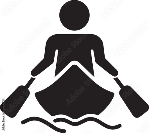 Black Kayaking Icon Silhouette of a Person Rowing a Boat in Water for Outdoor Adventure Watersports Canoeing and Summer Recreation Flat Vector Illustration