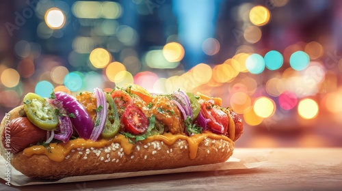 Gourmet Hot Dog with Toppings on a City Street at Night