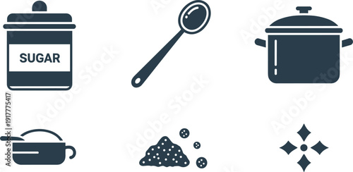 Kitchen sugar and cooking elements set, black silhouette icons with sugar jar, mixing spoon, boiling pot and granulated sugar pile isolated on white background.