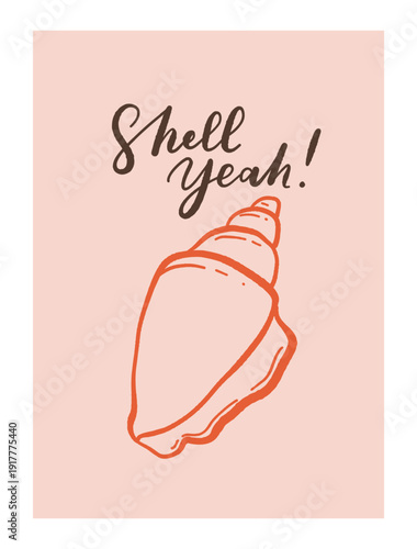 Seashells poster in hand drawn line art style. Vintage summer vacation. Whimsical nautical coastal illustration with various sea shells for retro poster, card, print. La dolce vita vector.