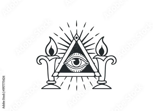 All-Seeing Eye of Providence in Triangle with Burning Ritual Candles, Esoteric Vector Illustration