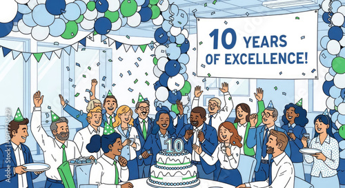 A vibrant illustration of a business team celebrating ten years of excellence with a cake and balloons