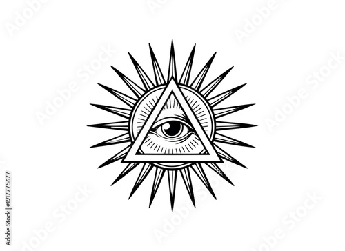 All-Seeing Eye of Providence in Triangle with Sunburst - Masonic and Illuminati Vector Symbol