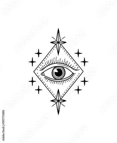 Mystical Celestial Eye Vector Illustration with Stars and Sacred Geometry