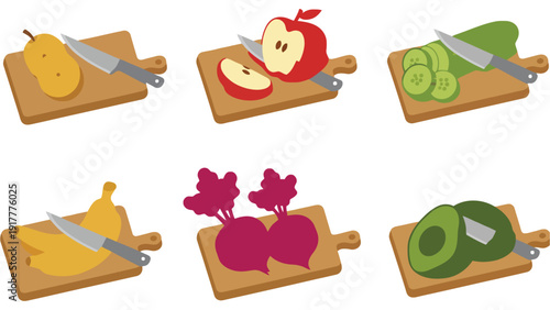 Various fruits and vegetables are prepared on cutting boards with knives.