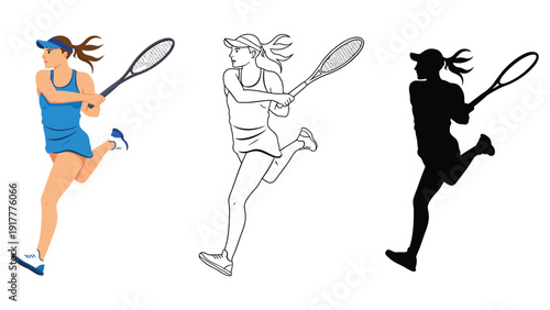 A woman plays tennis, shown in full color, outline, and silhouette.